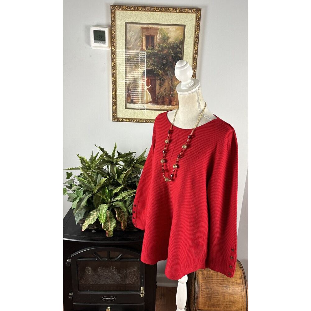 Alfani Women's Long Sleeves Ribbed Snap-Detail Sweater Banner Red XL Scoop Neck